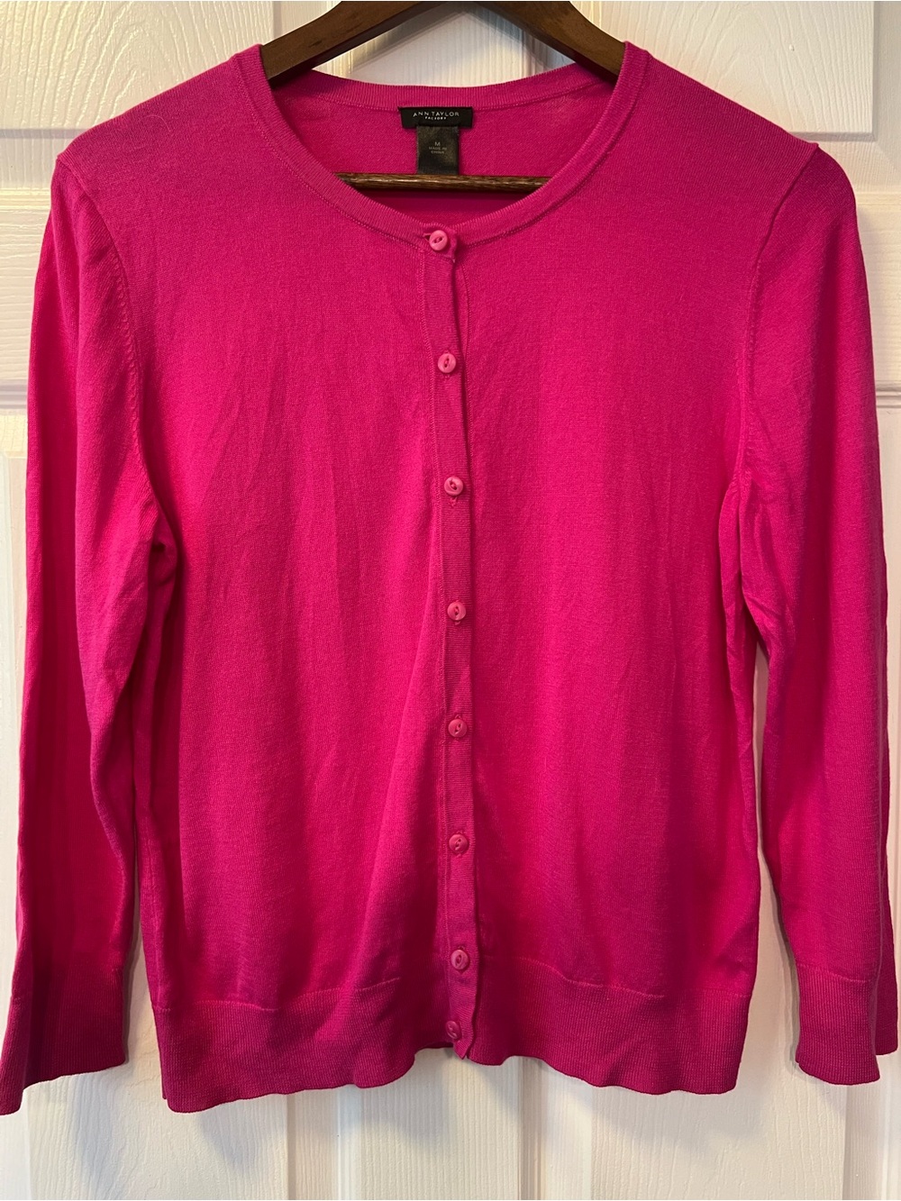Ann Taylor Bright Pink Button-Up Crewneck Cardigan